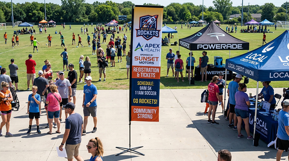 Custom 14.5ft rectangle flag displaying the days timestamps for the river city rockets for an event | Banners.com