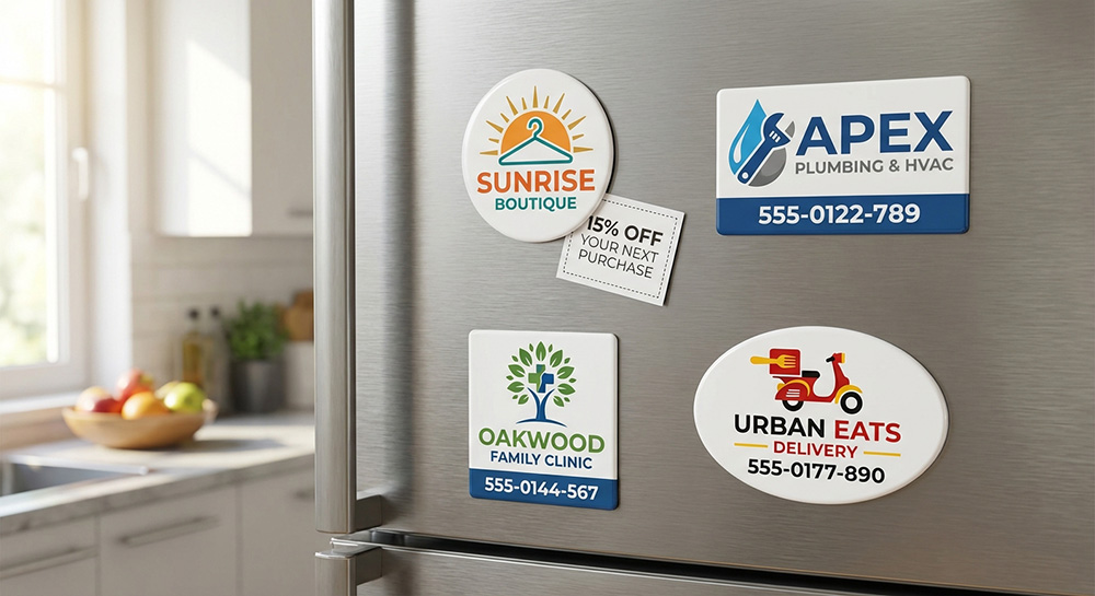 Custom business magnets on a fridge | Banners.com