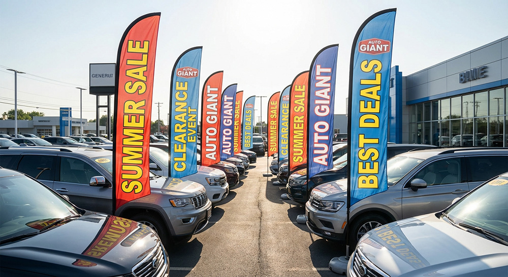 Custom 13ft feather flags for auto giants car lot | Banners.com