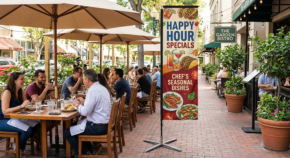 Custom 7ft rectangle flag showing a restaurants specials | Banners.com