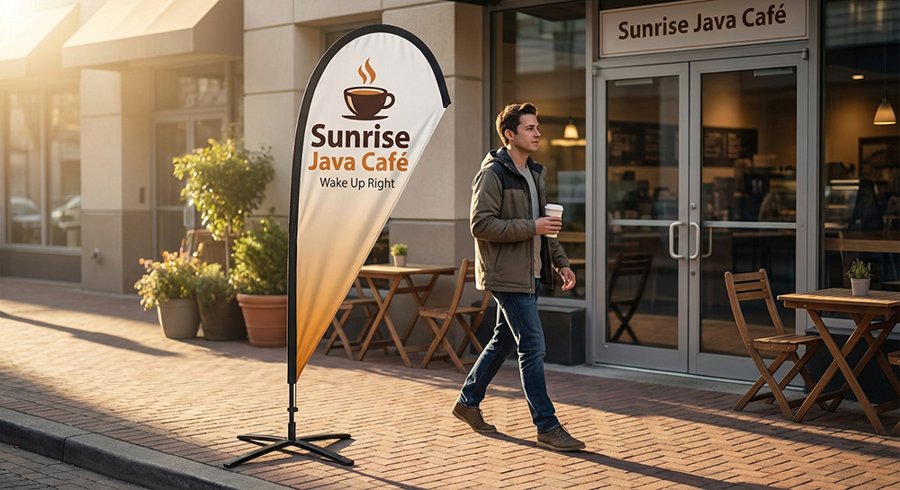 Custom 6ft tear drop flag for sunrise java cafe | Banners.com