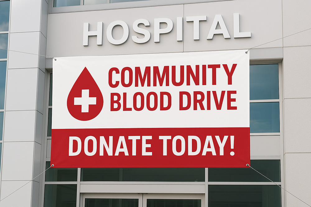 Custom blood drive banner in front of a hospital